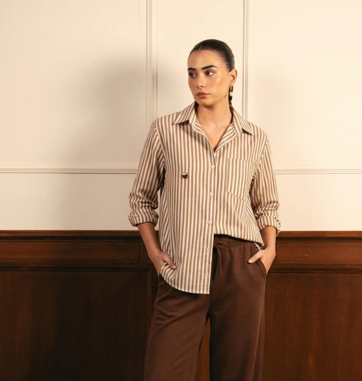 Beige & Brown Lining Button Down Shirt