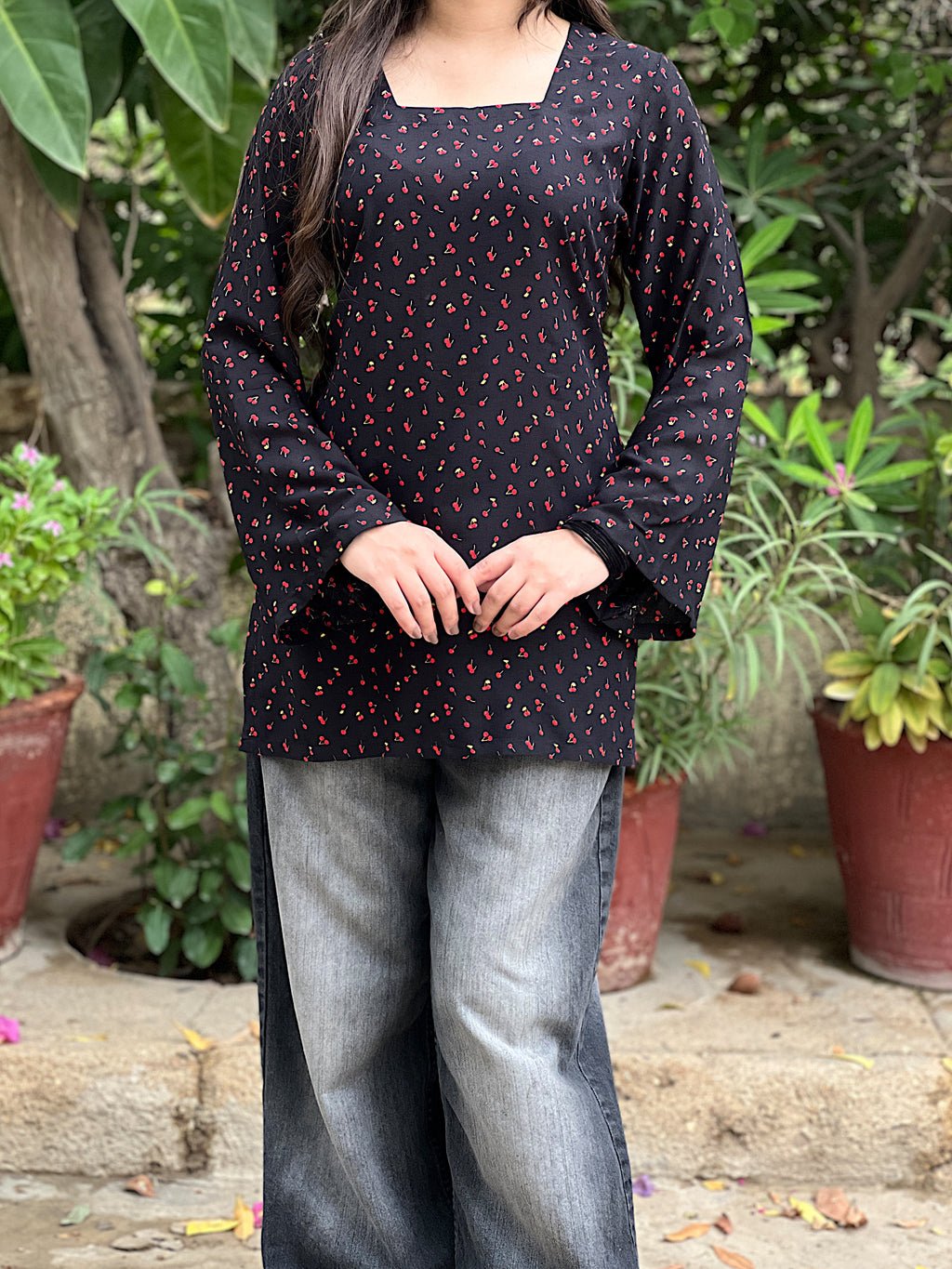 Black Cherry Short Kurti With Flared Sleeves