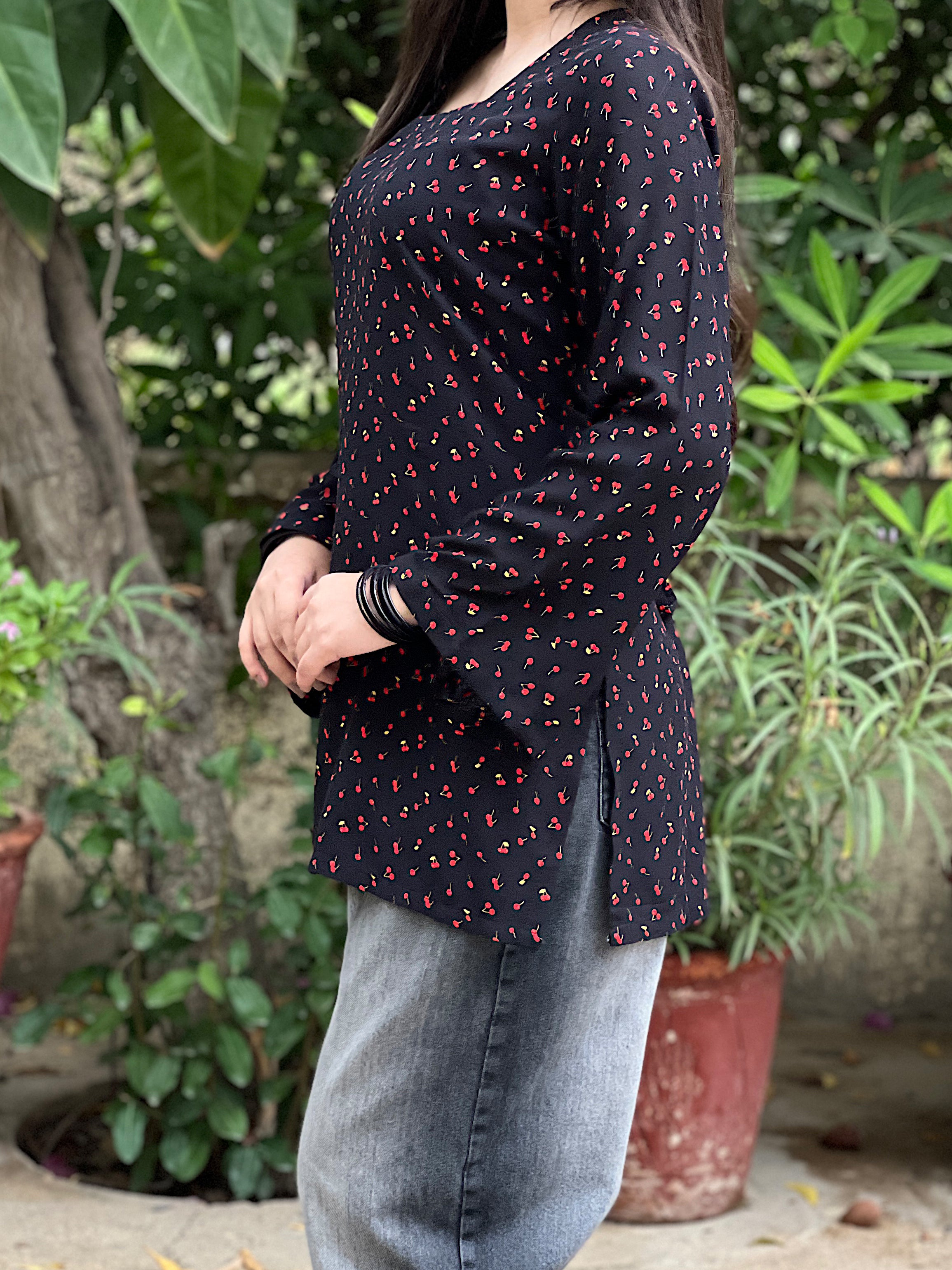 Black Cherry Short Kurti With Flared Sleeves