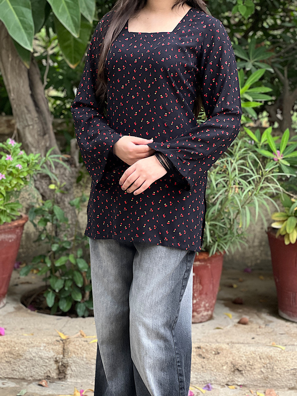 Black Cherry Short Kurti With Flared Sleeves