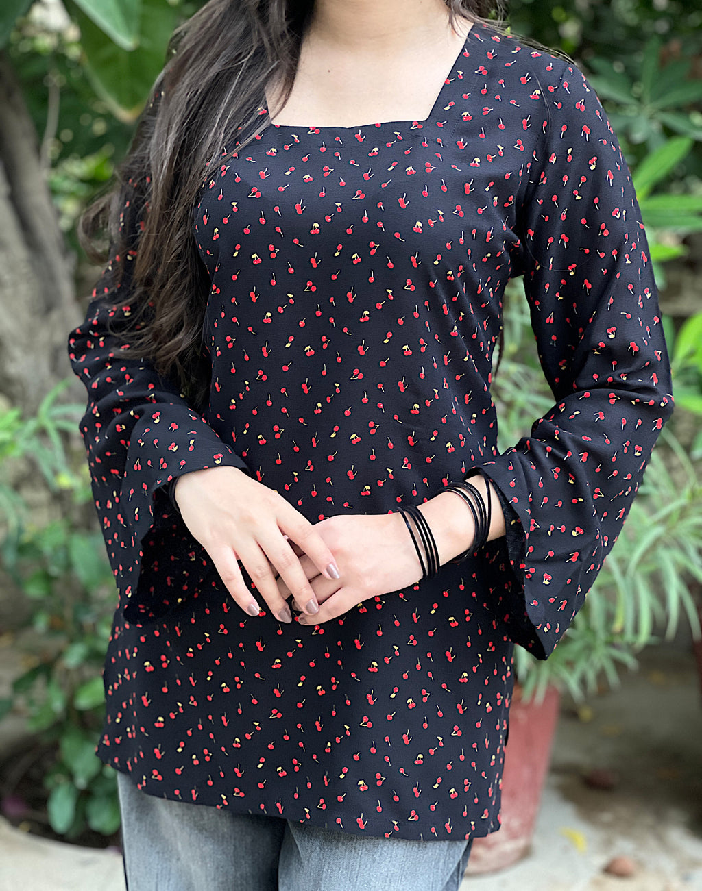 Black Cherry Short Kurti With Flared Sleeves