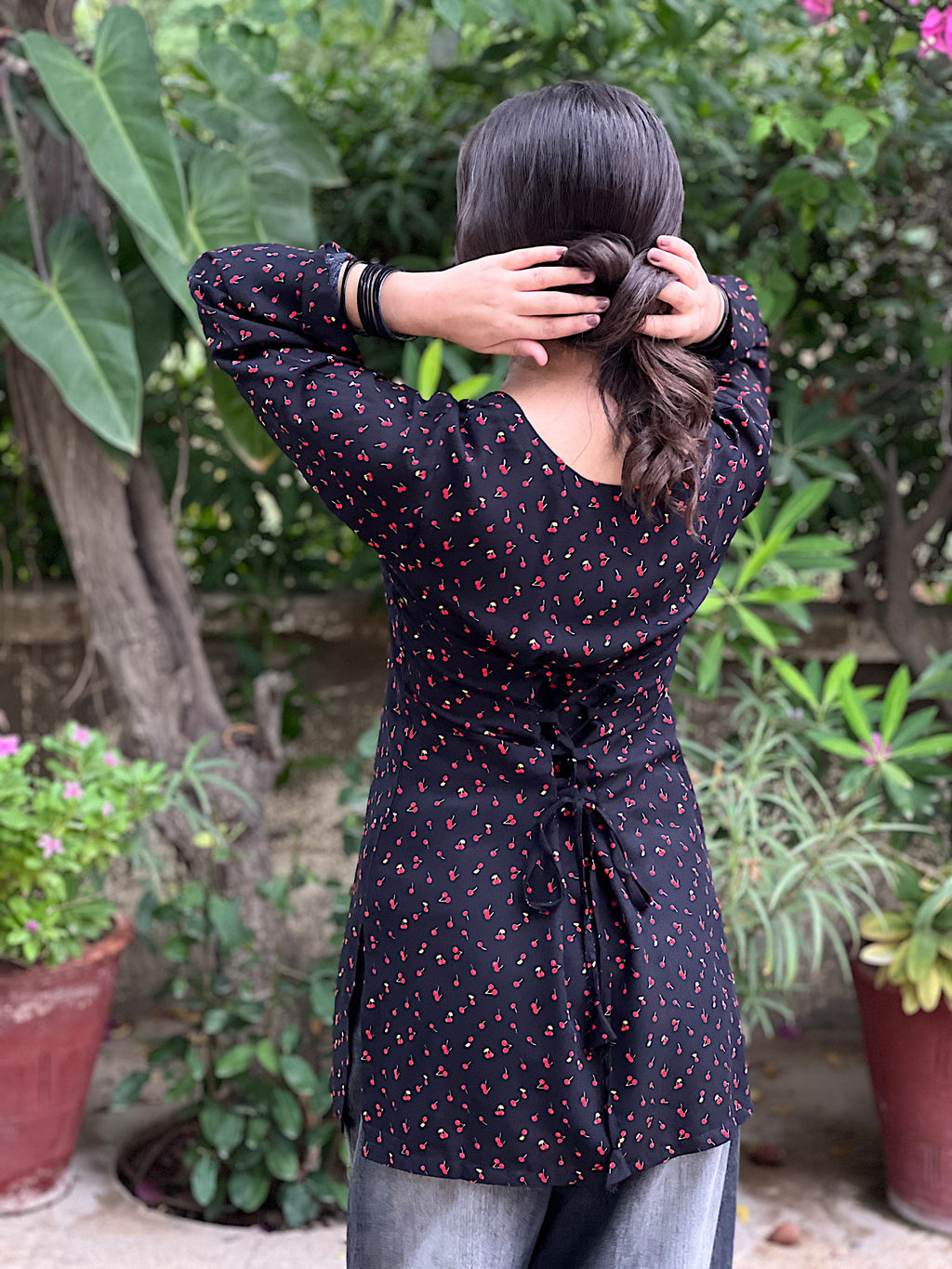Black Cherry Short Kurti With Flared Sleeves