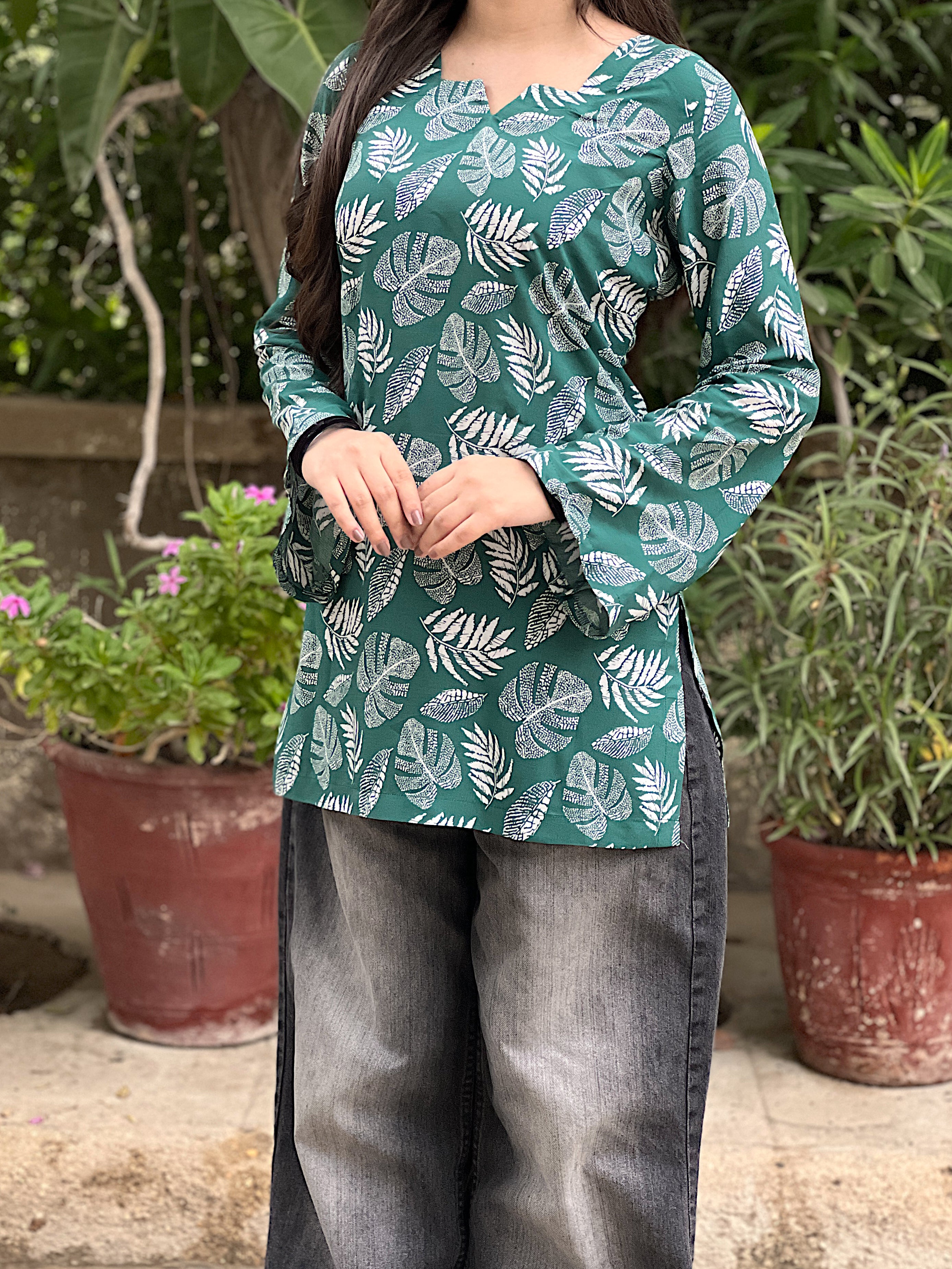 Emerald Green Leaf Short Kurti With Flared Sleeves