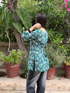 Emerald Green Leaf Short Kurti With Flared Sleeves