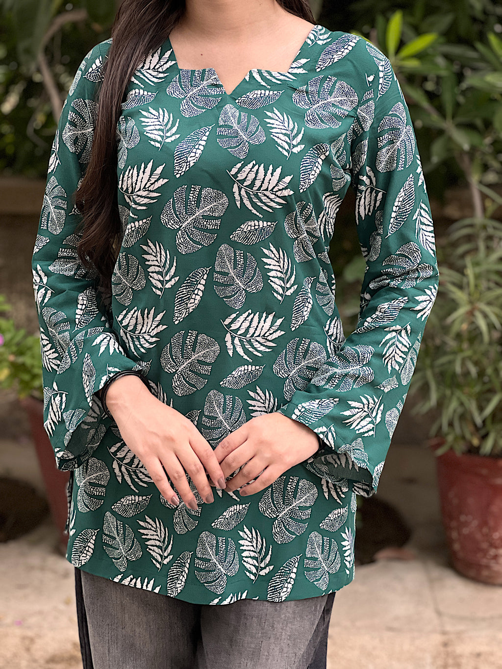 Emerald Green Leaf Short Kurti With Flared Sleeves