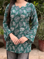 Emerald Green Leaf Short Kurti With Flared Sleeves