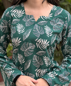 Emerald Green Leaf Short Kurti With Flared Sleeves