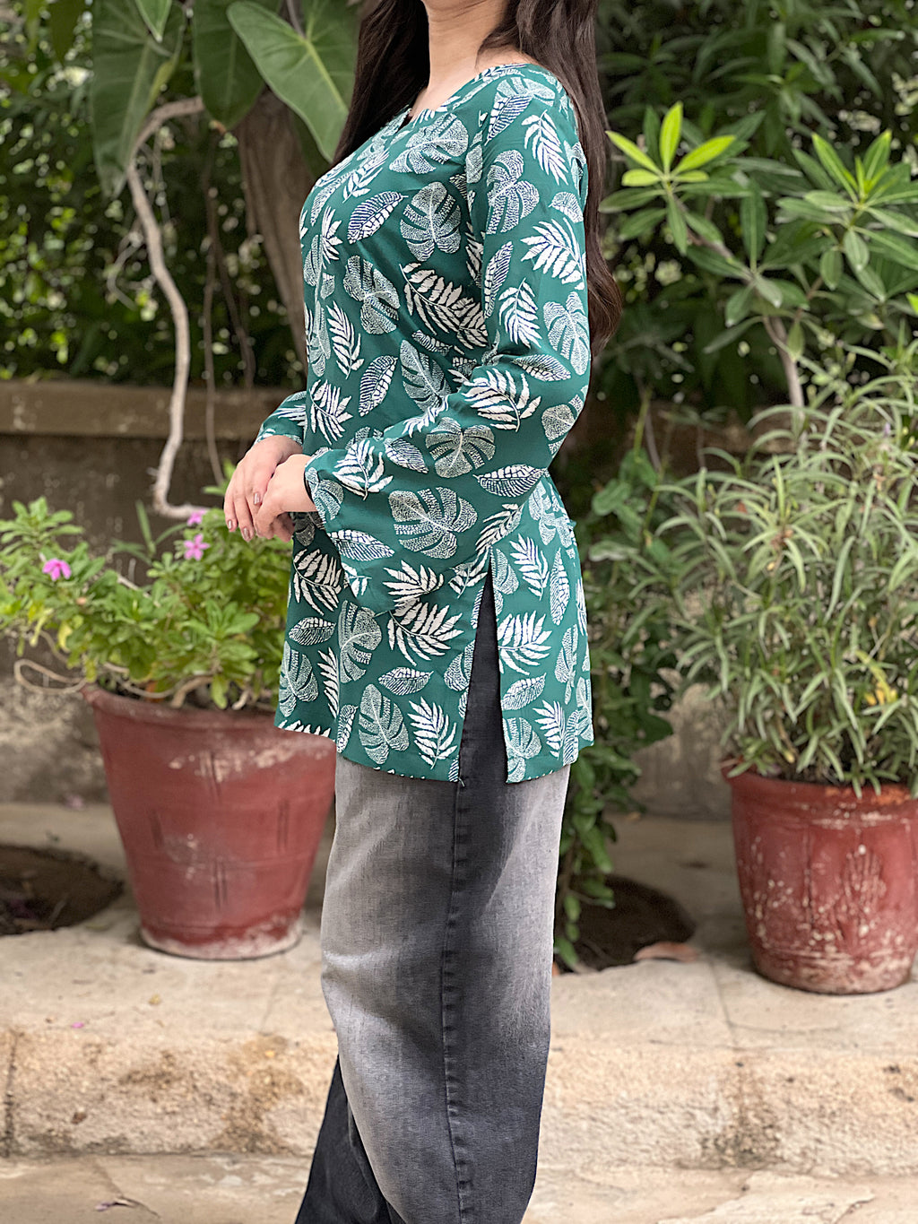 Emerald Green Leaf Short Kurti With Flared Sleeves