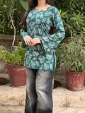 Emerald Green Leaf Short Kurti With Flared Sleeves