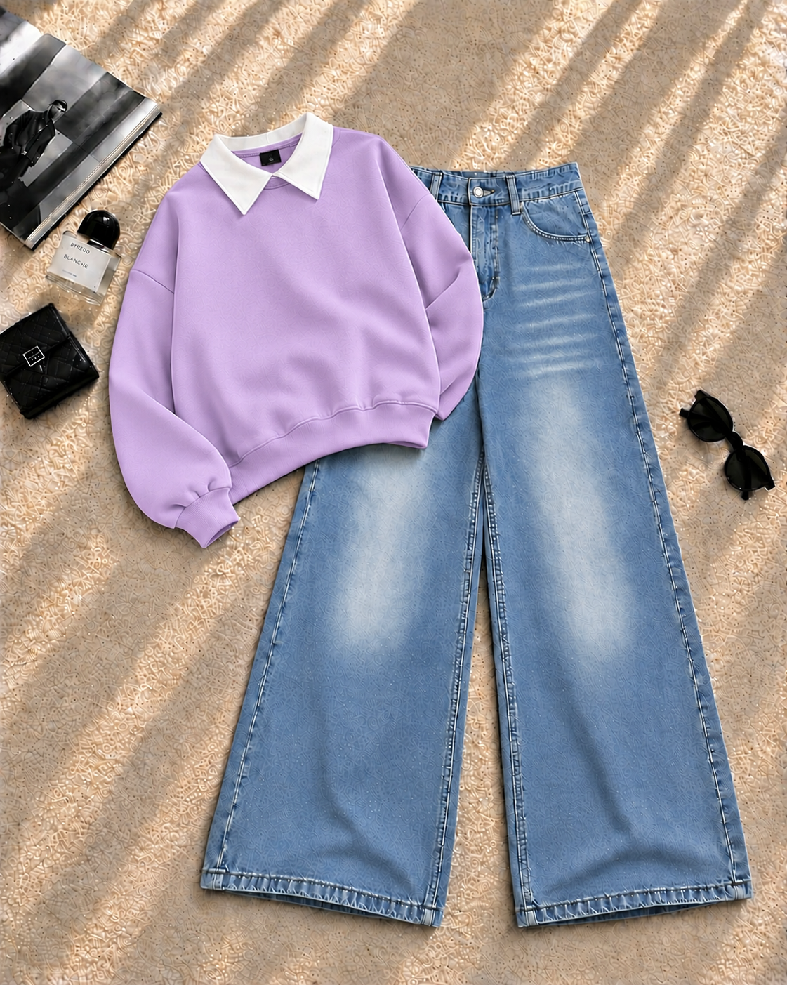 Collar Sweatshirt with Ice Blue Shaded Wide-Leg Jeans