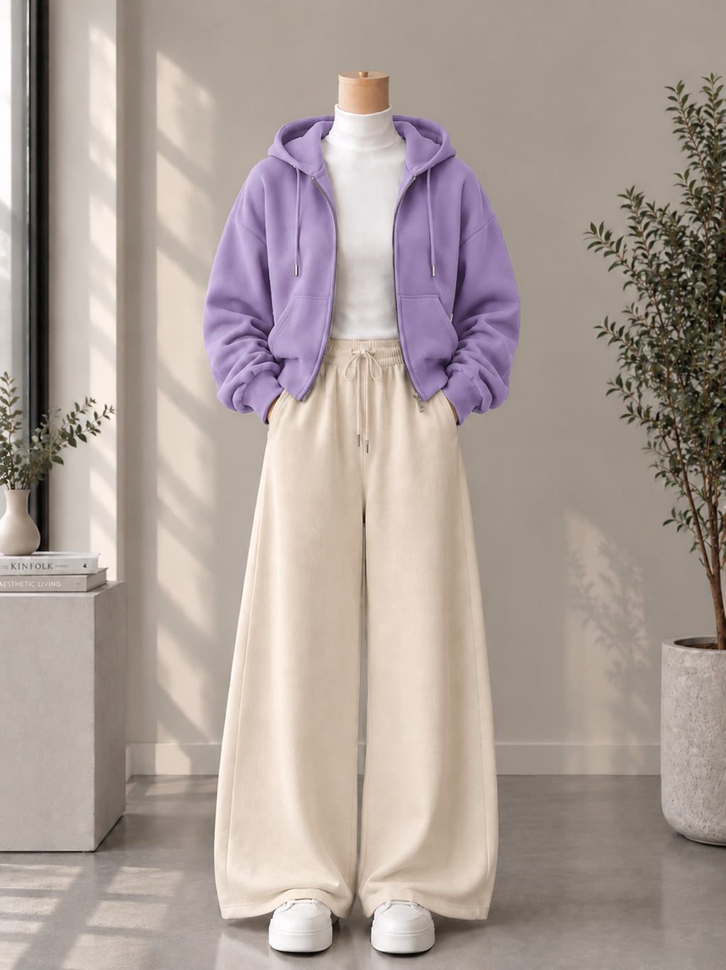 Zipper Hoodie with White High Neck & Beige Flapper Trouser
