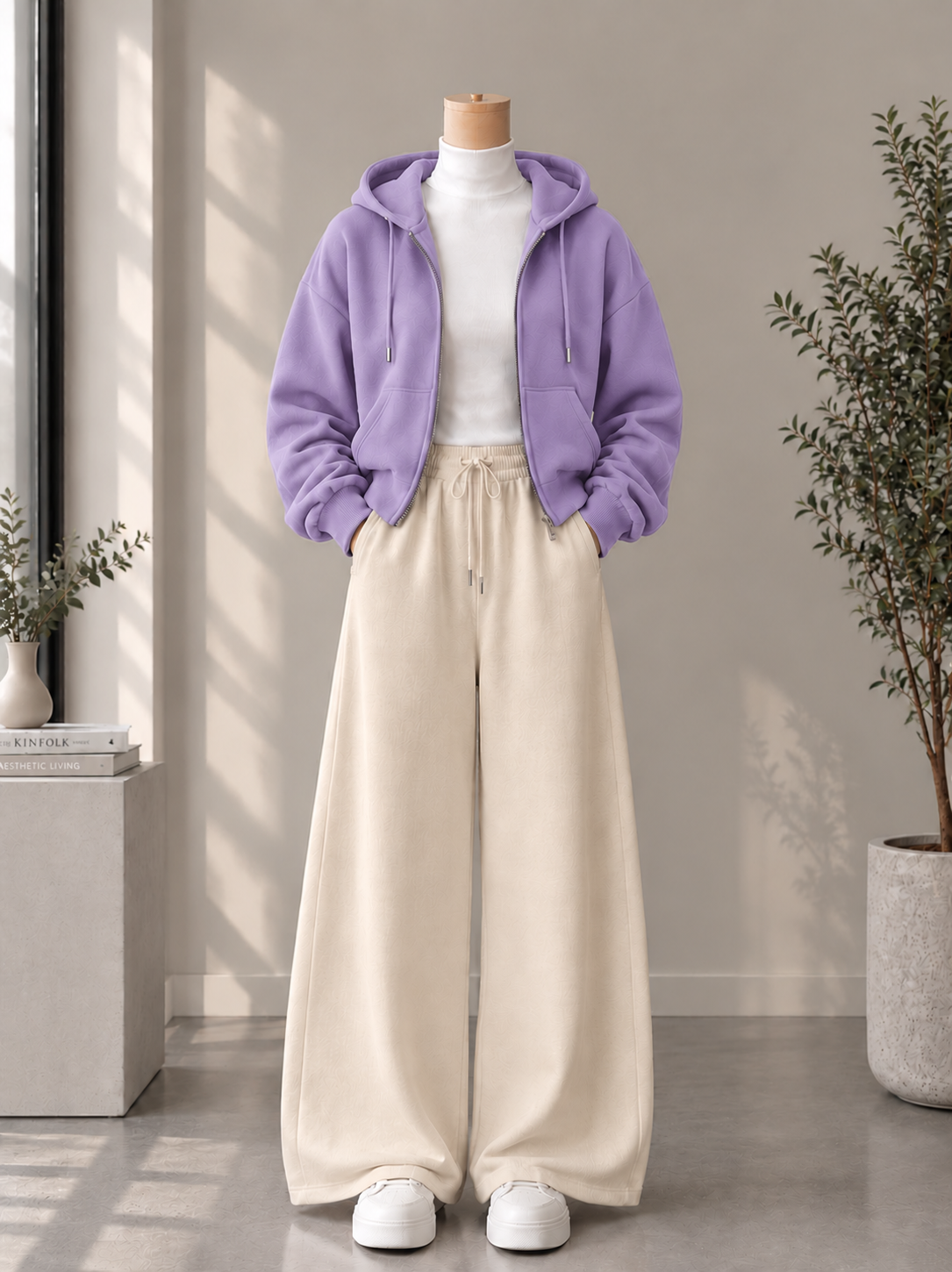 Zipper Hoodie with White High Neck & Beige Flapper Trouser