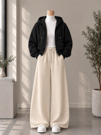 Zipper Hoodie with White High Neck & Beige Flapper Trouser