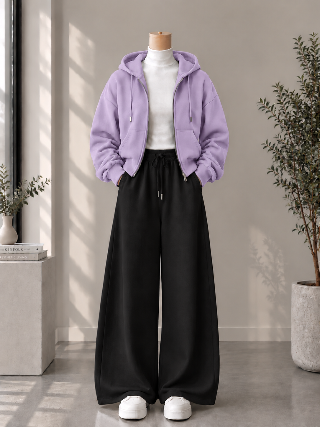 Zipper Hoodie with White High Neck & Black Flapper Trouser