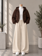 Zipper Hoodie with White High Neck & Beige Flapper Trouser