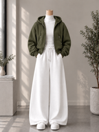 Zipper Hoodie with White High Neck & White Flapper Trouser
