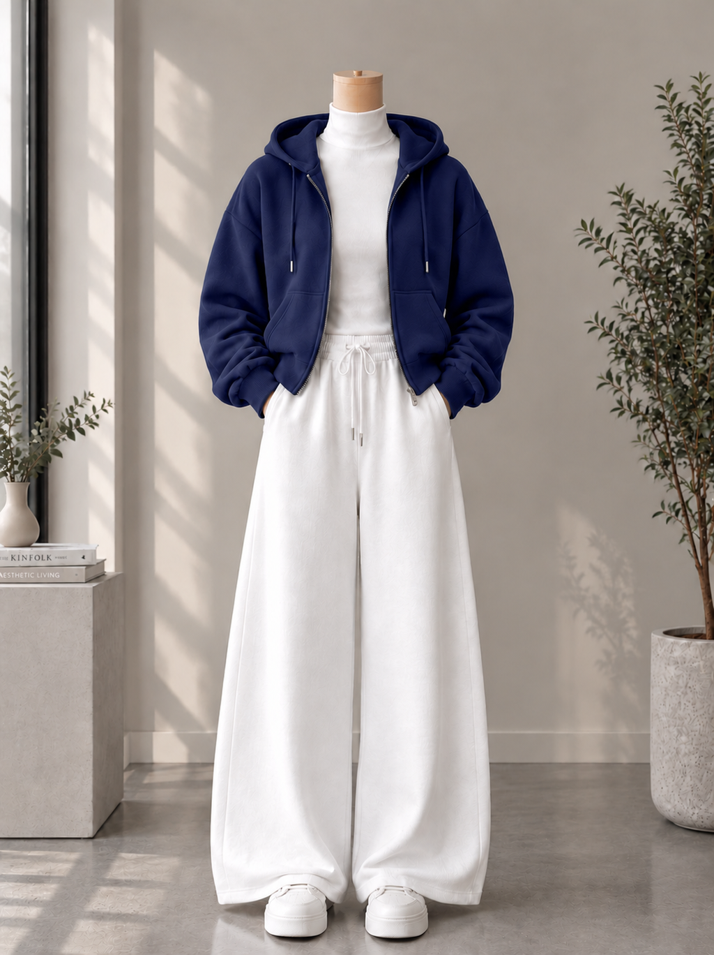 Zipper Hoodie with White High Neck & White Flapper Trouser