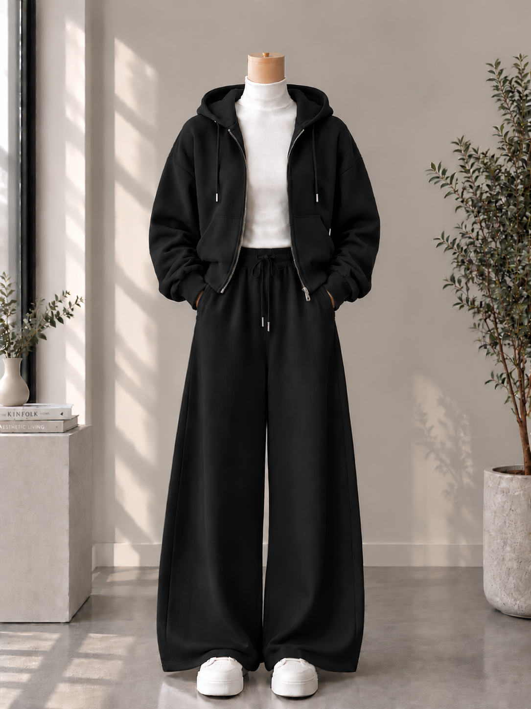 Zipper Hoodie with White High Neck & Black Flapper Trouser