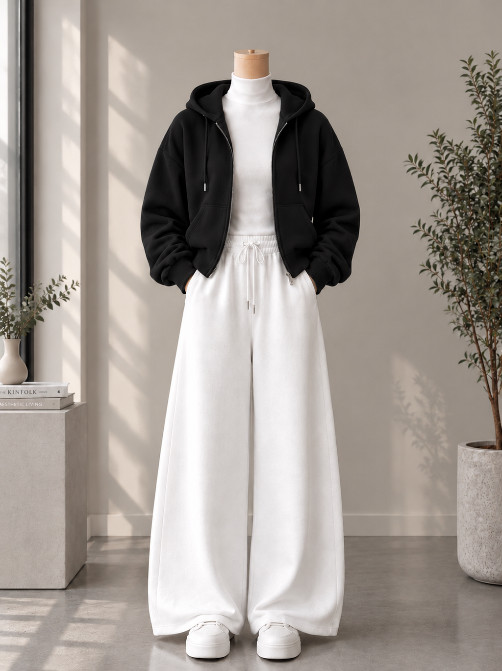 Zipper Hoodie with White High Neck & White Flapper Trouser