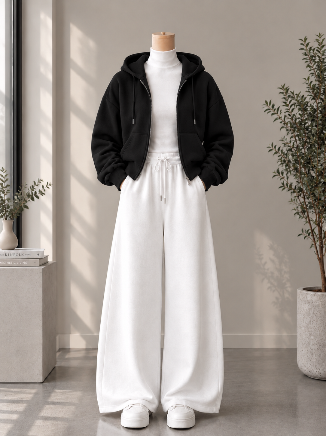 Zipper Hoodie with White High Neck & White Flapper Trouser