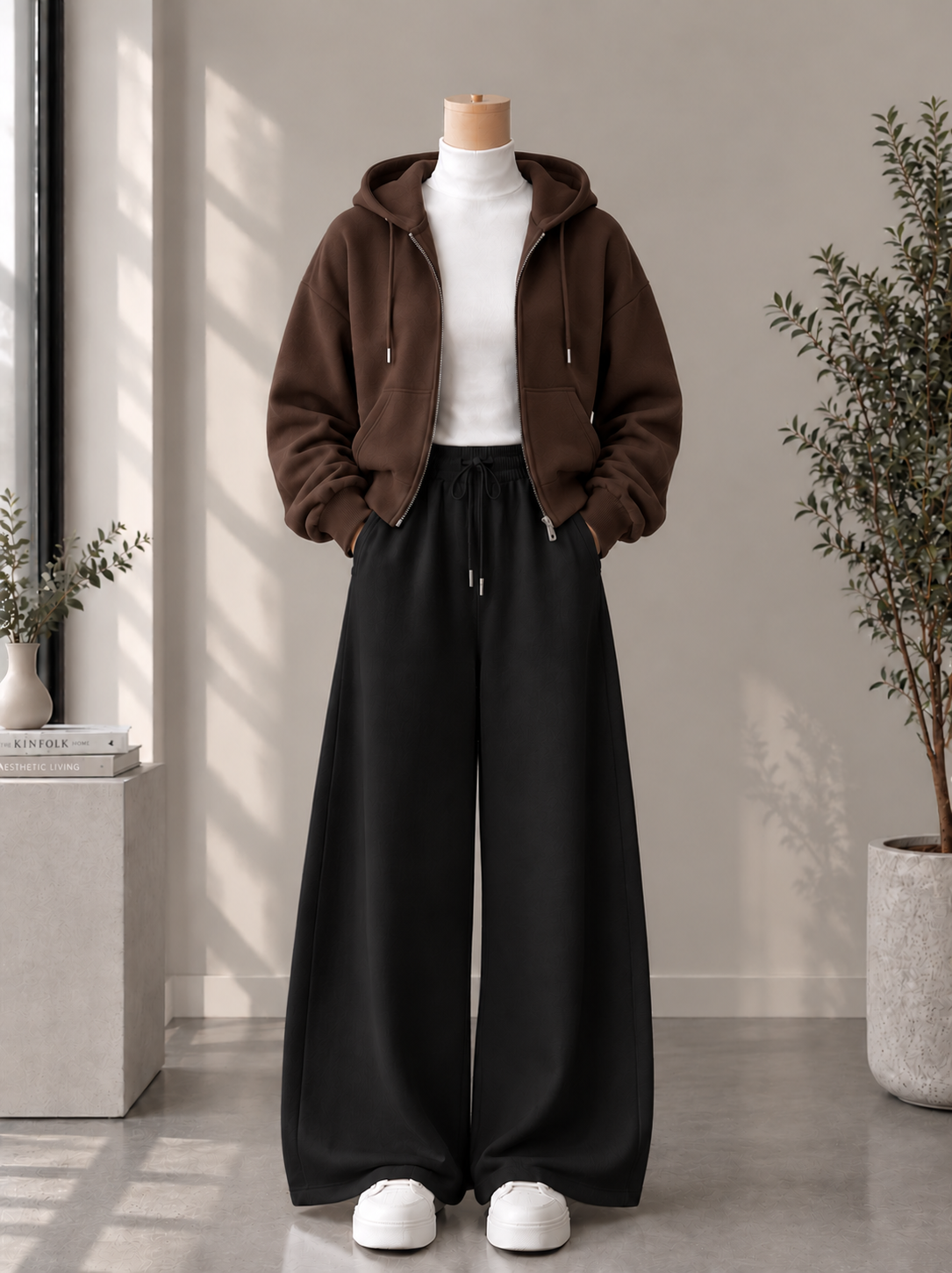 Zipper Hoodie with White High Neck & Black Flapper Trouser