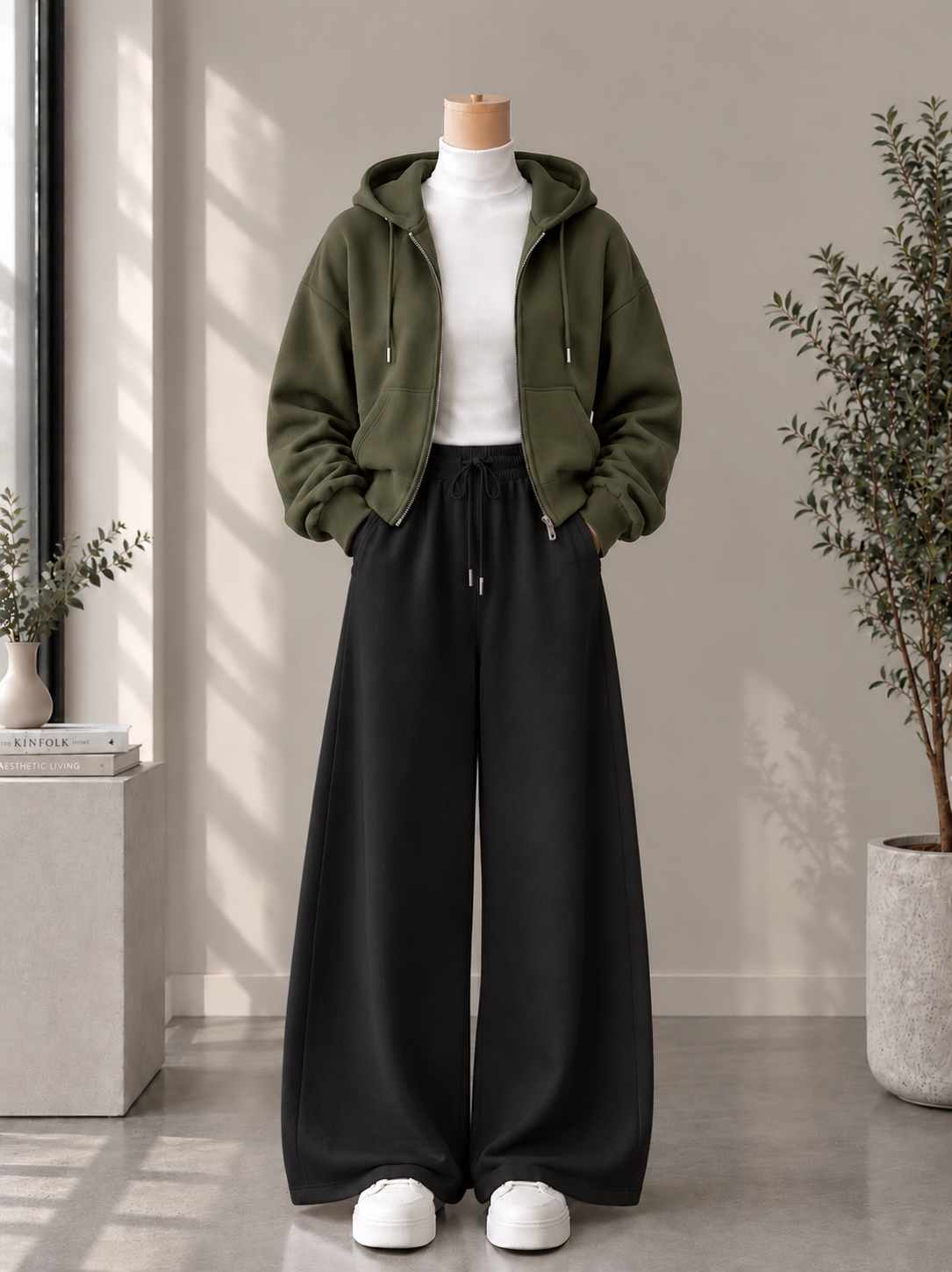 Zipper Hoodie with White High Neck & Black Flapper Trouser