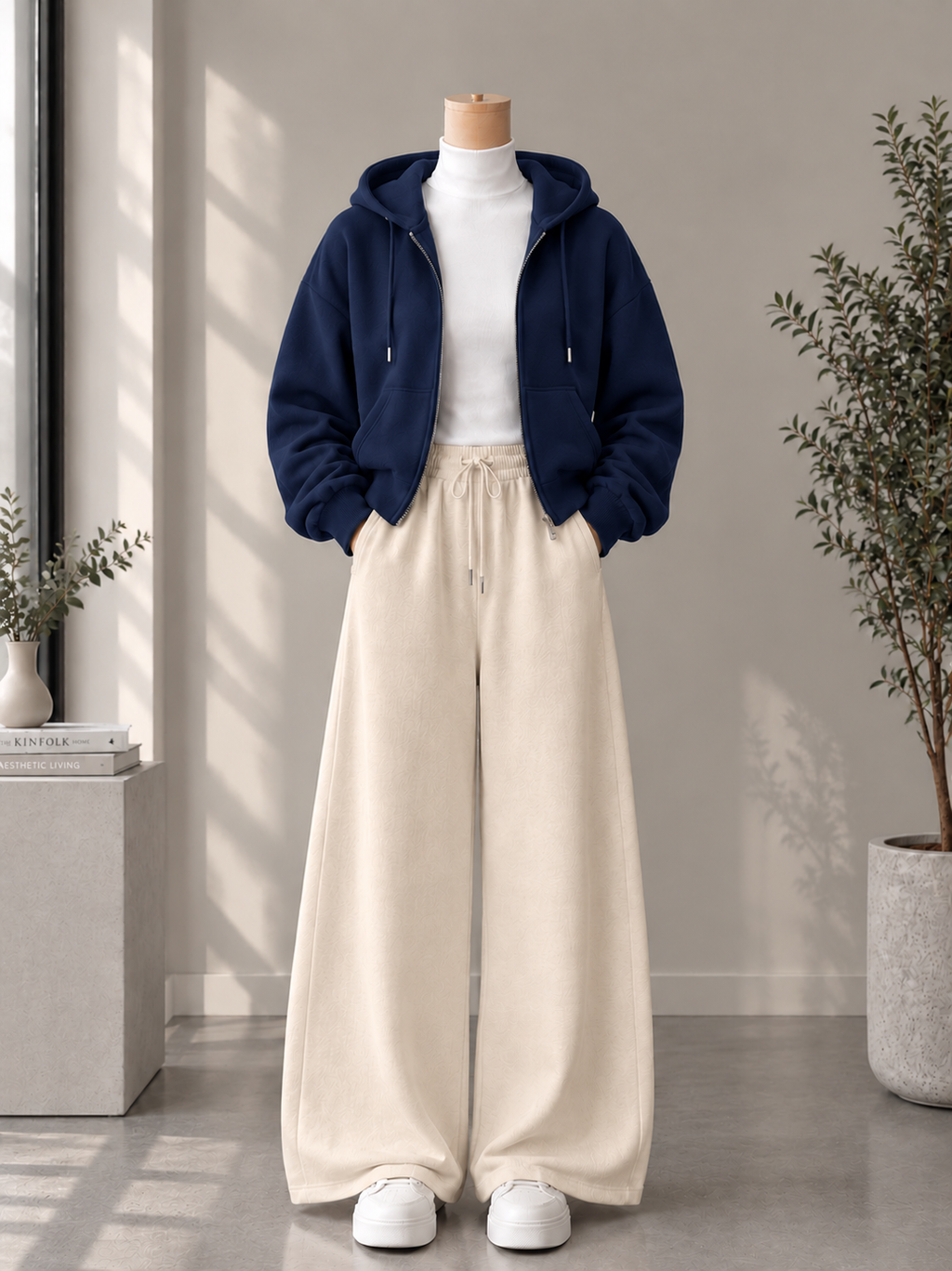 Zipper Hoodie with White High Neck & Beige Flapper Trouser