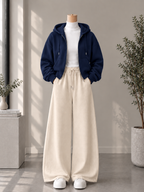 Zipper Hoodie with White High Neck & Beige Flapper Trouser