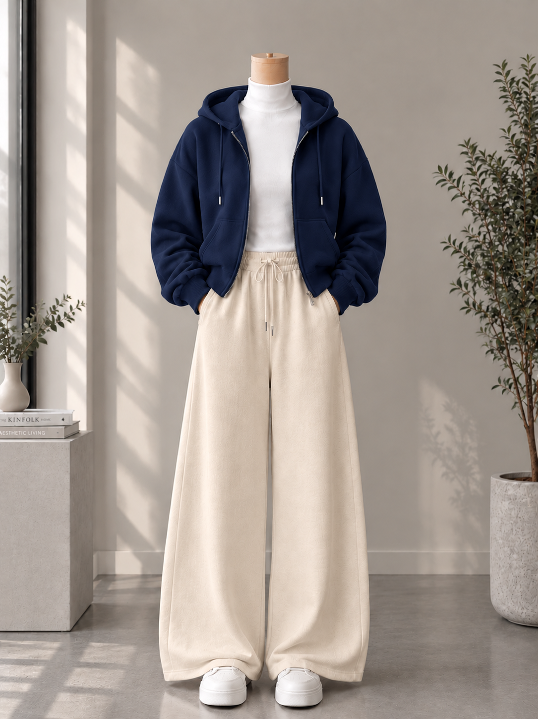 Zipper Hoodie with White High Neck & Beige Flapper Trouser