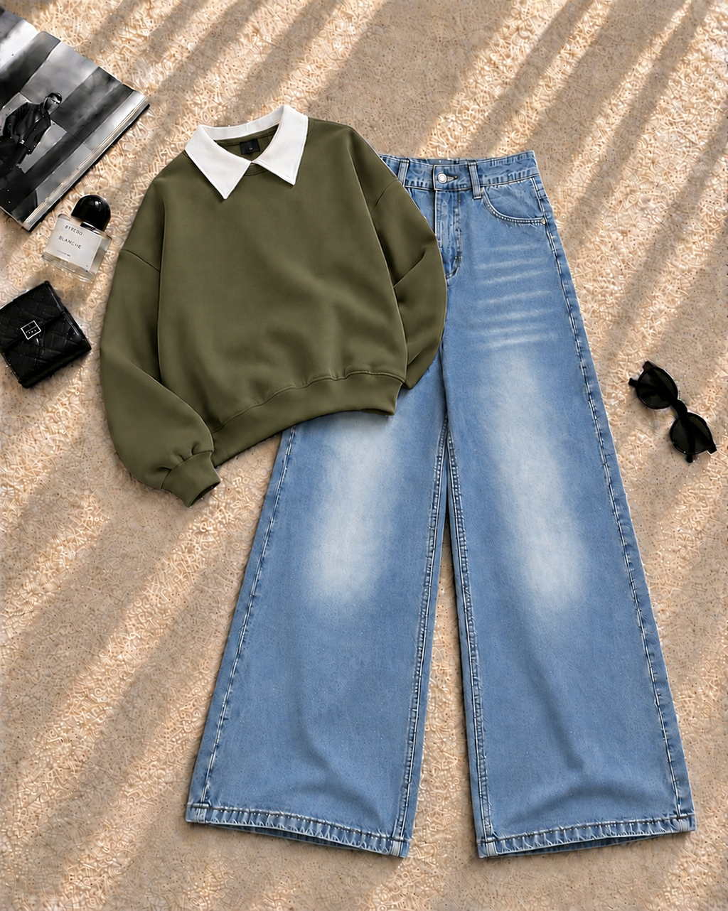 Collar Sweatshirt with Ice Blue Shaded Wide-Leg Jeans