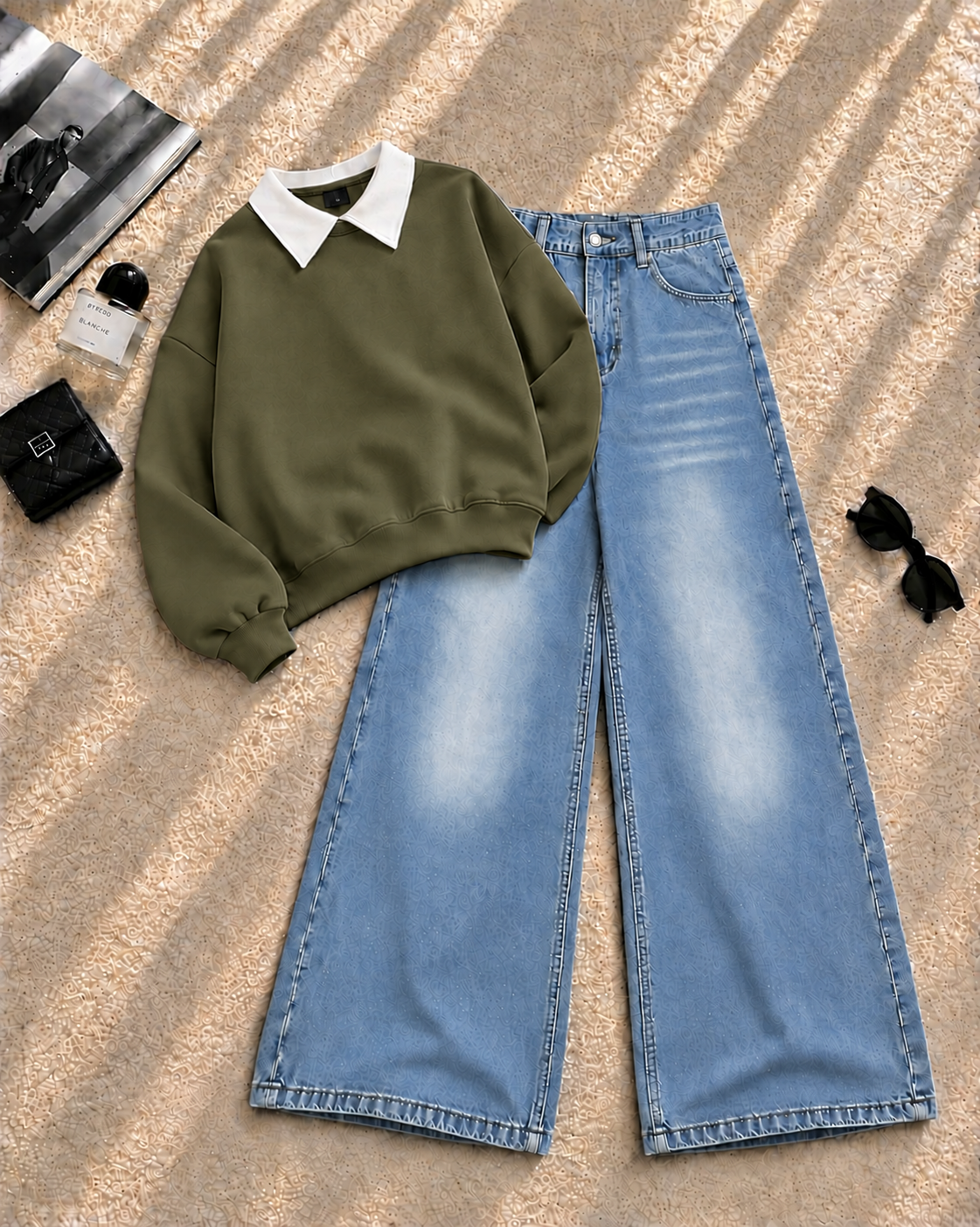 Collar Sweatshirt with Ice Blue Shaded Wide-Leg Jeans