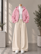 Zipper Hoodie with White High Neck & Beige Flapper Trouser