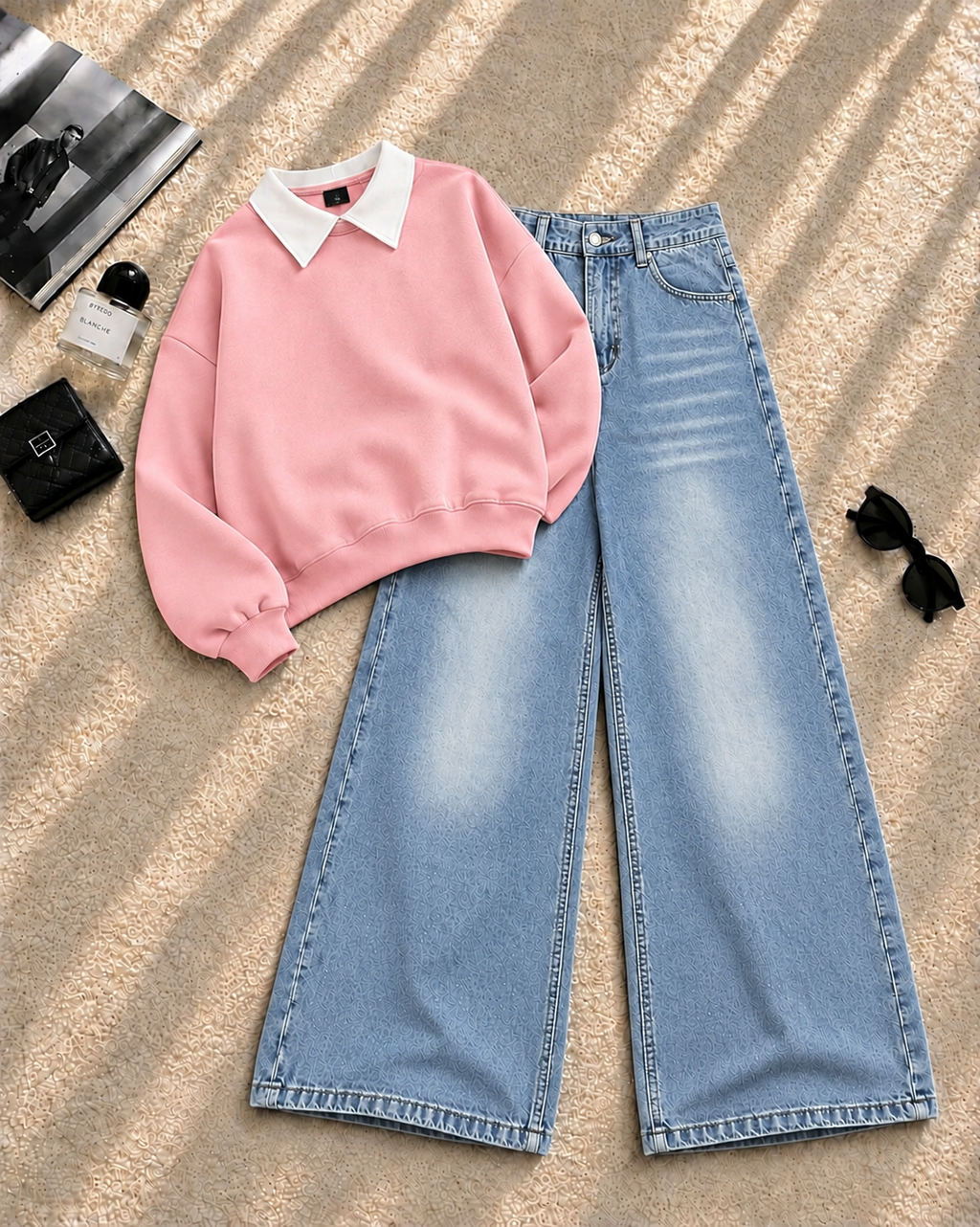Collar Sweatshirt with Ice Blue Shaded Wide-Leg Jeans