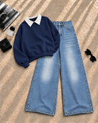 Collar Sweatshirt with Ice Blue Shaded Wide-Leg Jeans