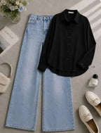 Black Button Down Shirt & Shaded Ice-Blue Wide Leg Jeans