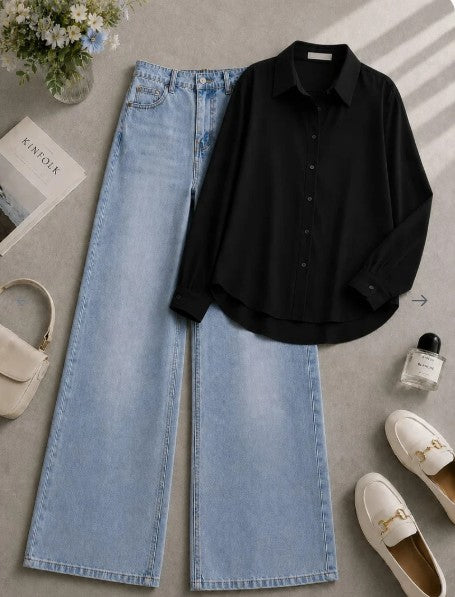 Black Button Down Shirt & Shaded Ice-Blue Wide Leg Jeans