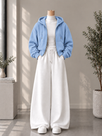Zipper Hoodie with White High Neck & White Flapper Trouser