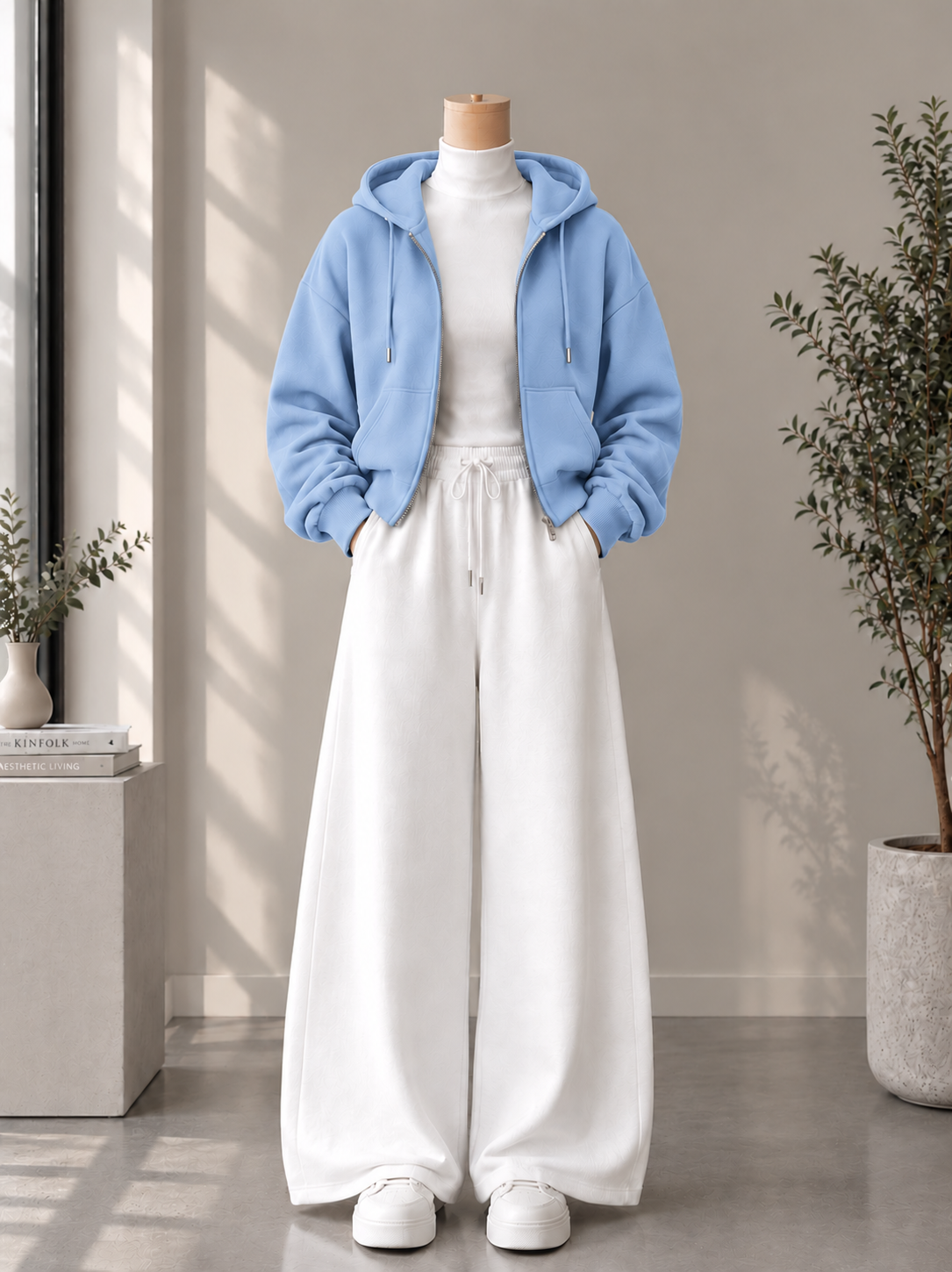Zipper Hoodie with White High Neck & White Flapper Trouser