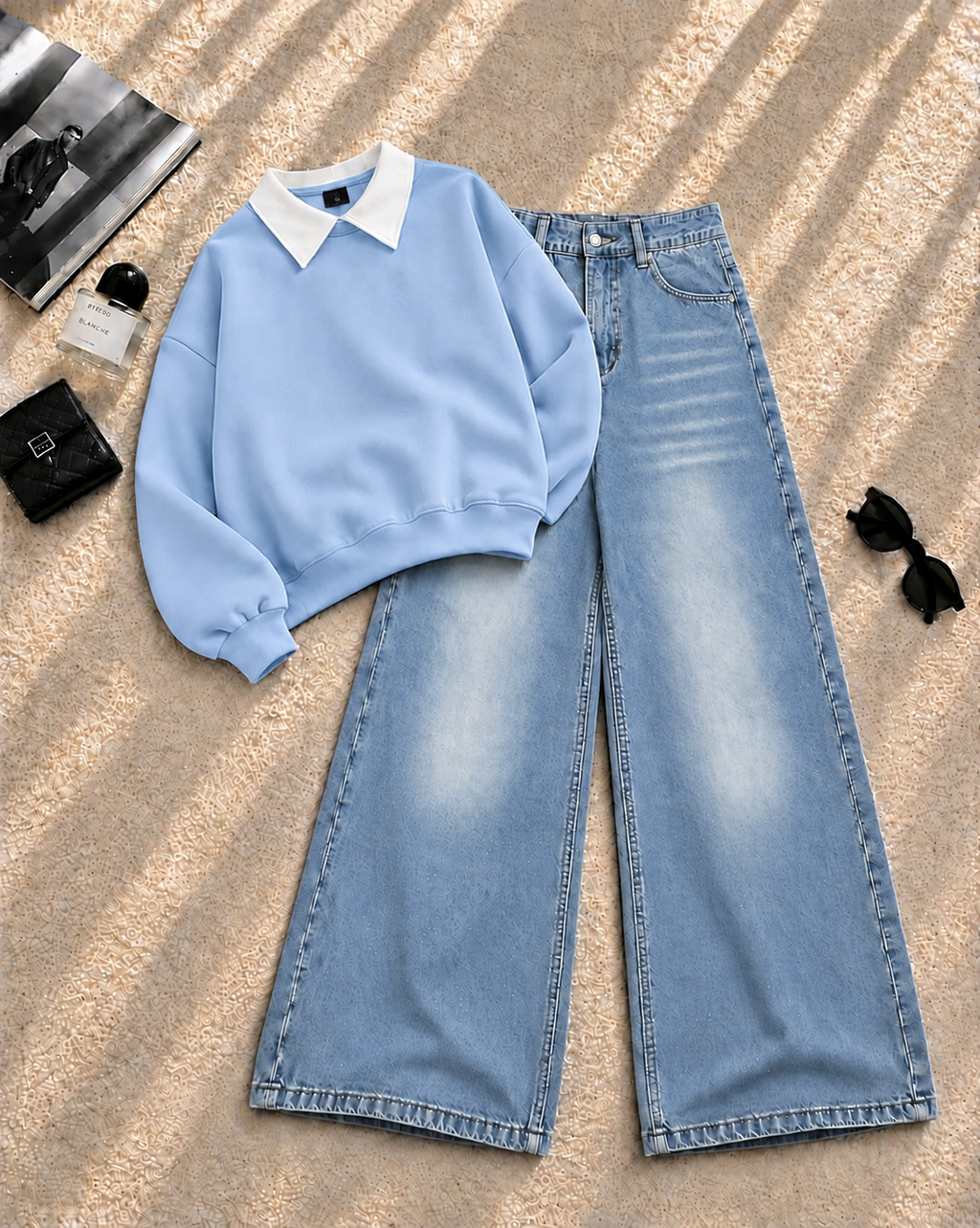 Collar Sweatshirt with Ice Blue Shaded Wide-Leg Jeans