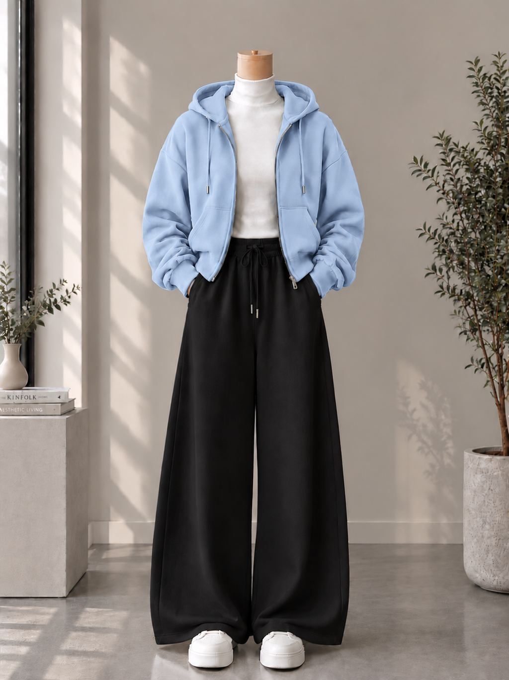 Zipper Hoodie with White High Neck & Black Flapper Trouser