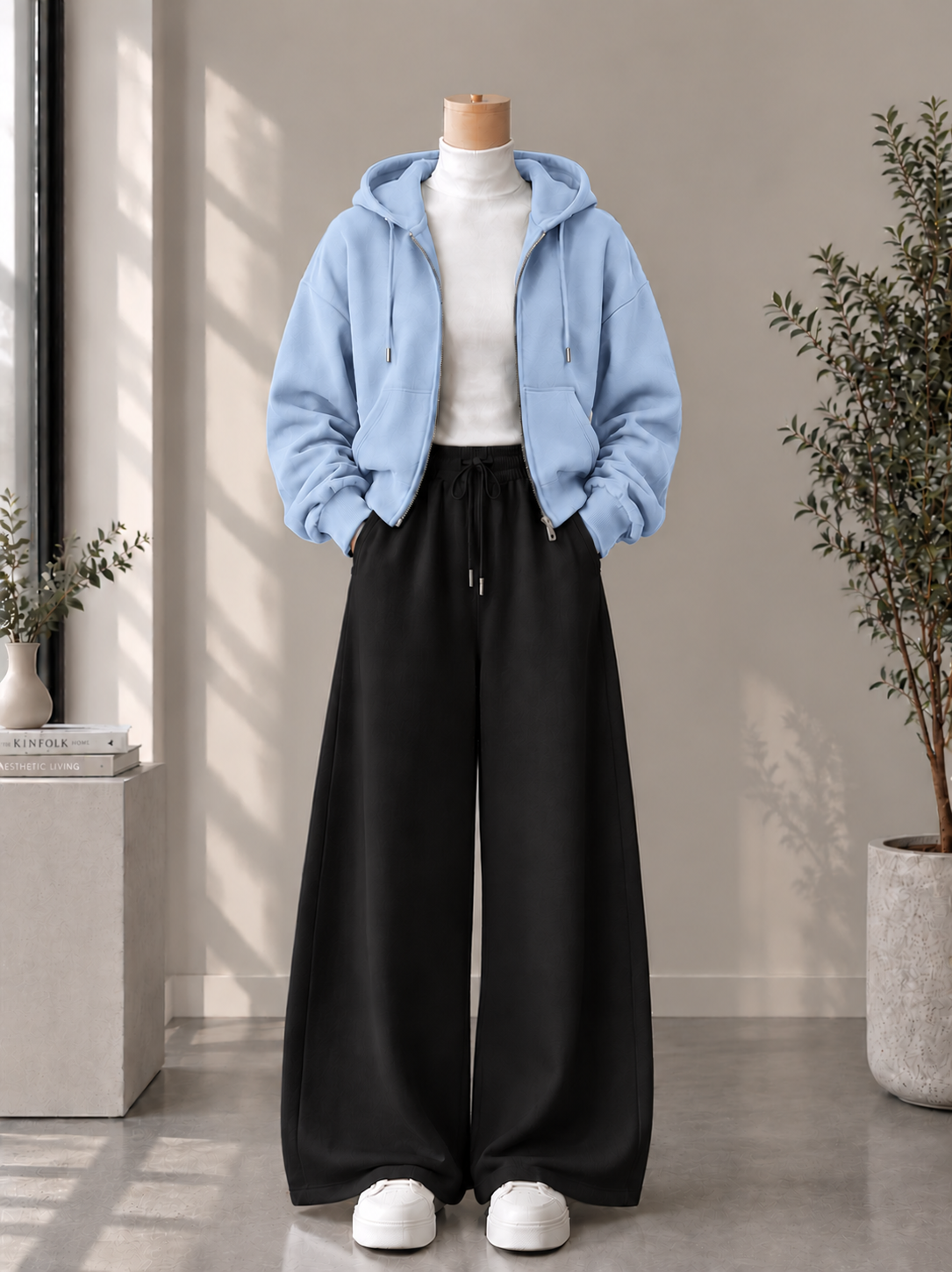 Zipper Hoodie with White High Neck & Black Flapper Trouser