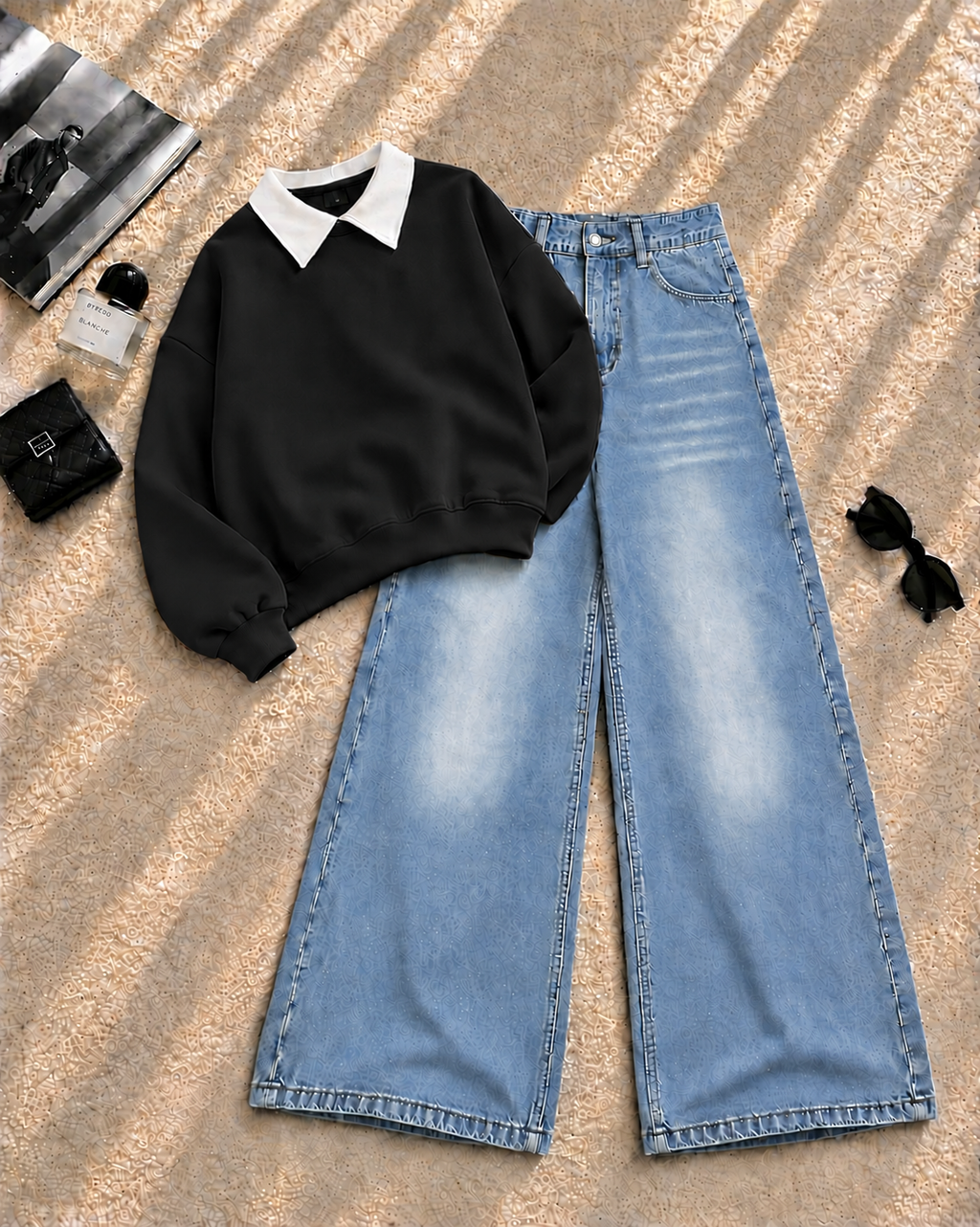 Collar Sweatshirt with Ice Blue Shaded Wide-Leg Jeans