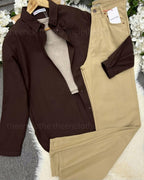 Brown Button Down Shirt With Inner & Beige Wide Leg Jeans