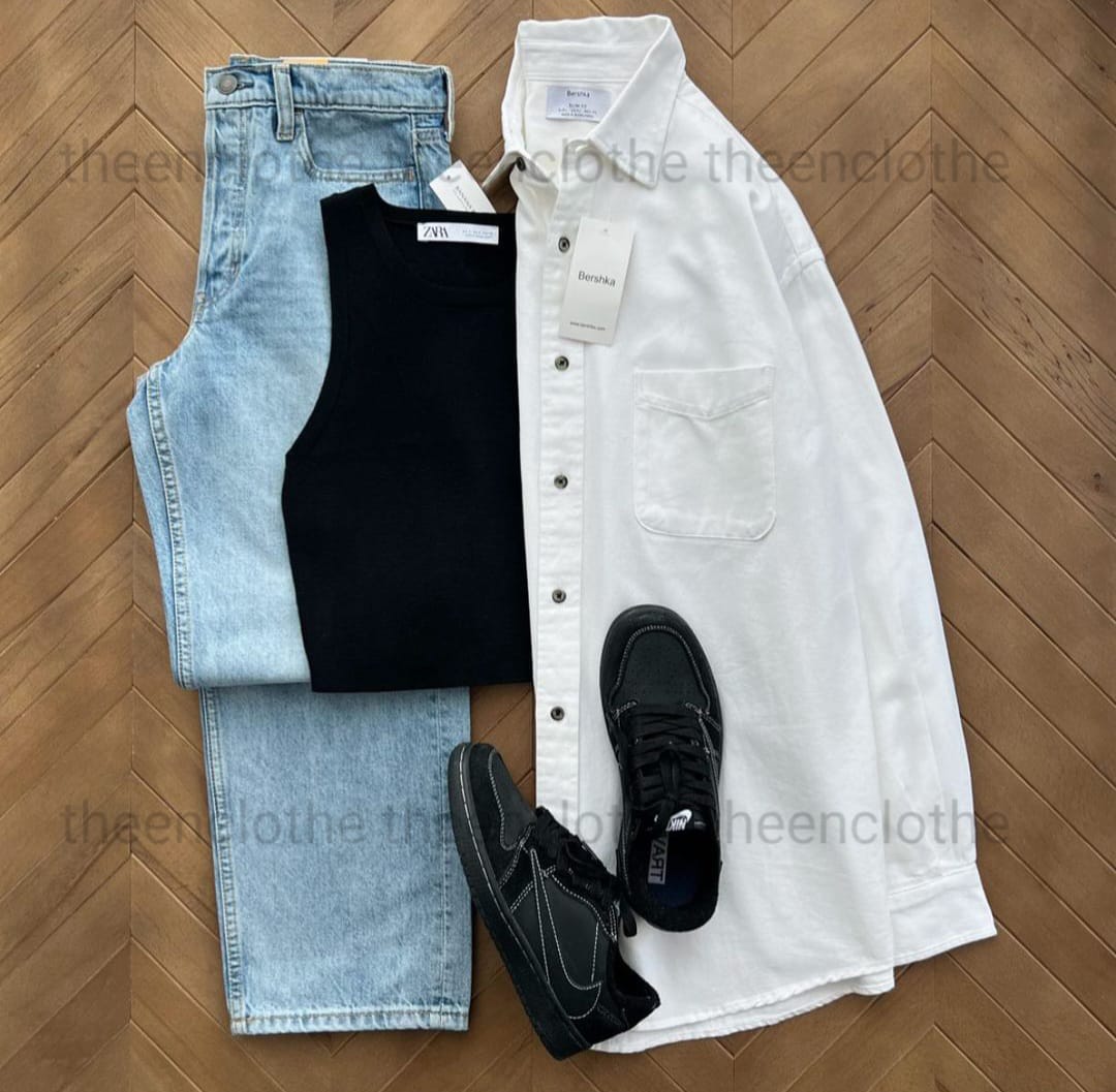 Buttom Down Shirt inner & Wide Leg Jeans