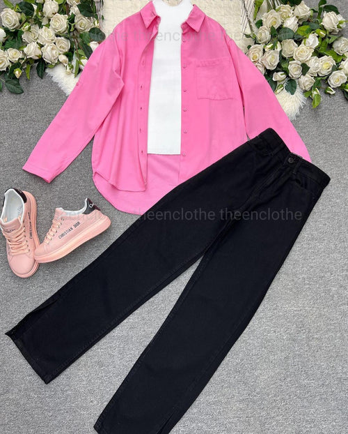Baby Pink Button Down Shirt with Inner & Black Wide Legs Jeans