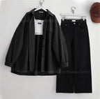Black Button Down Shirt With White Inner & Black Wide Legs Jeans