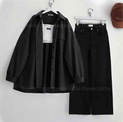 Black Button Down Shirt With White Inner & Black Wide Legs Jeans