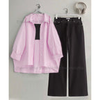 Baby Pink Button Down Shirt with Black Inner & Black Wide Legs Jeans