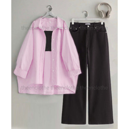Baby Pink Button Down Shirt with Black Inner & Black Wide Legs Jeans