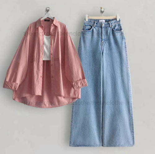 Baby Pink Button Down Shirt with Inner & Ice-Blue Wide Legs Jeans